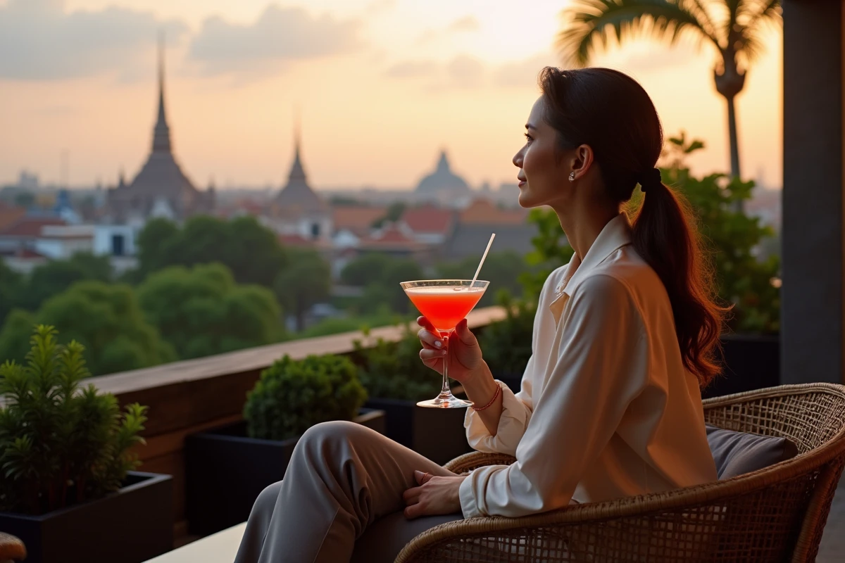 Voyageuse solo dans un bar rooftop tropical lors d'un séjour libertin en Asie du Sud-Est